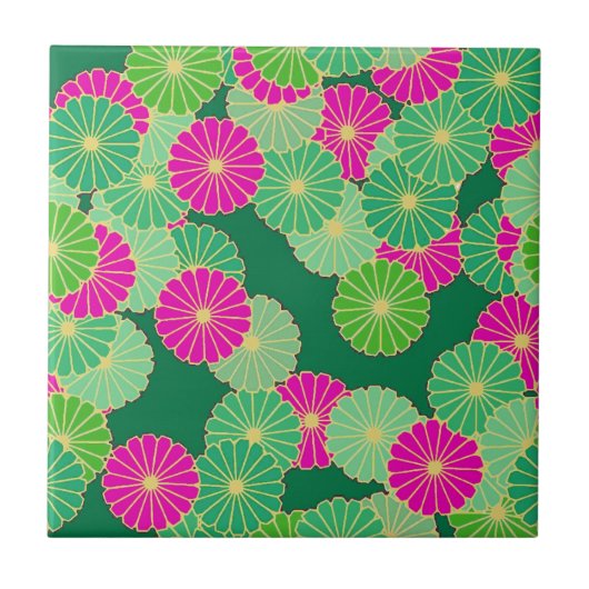 Kunstdebloem - tinten groen, fuchsie tegeltje (Voorkant)