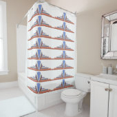 Kunstdeco-elementen in roos goud en blauw douchegordijn (In situ)