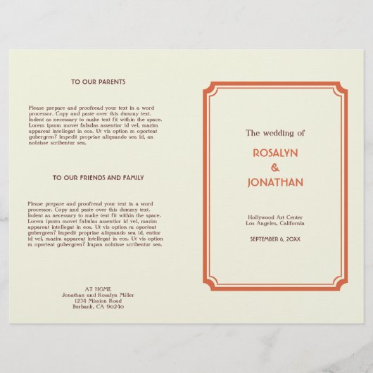 Kunstdeco retro oranje bruin trouwprogramma (Voorkant)