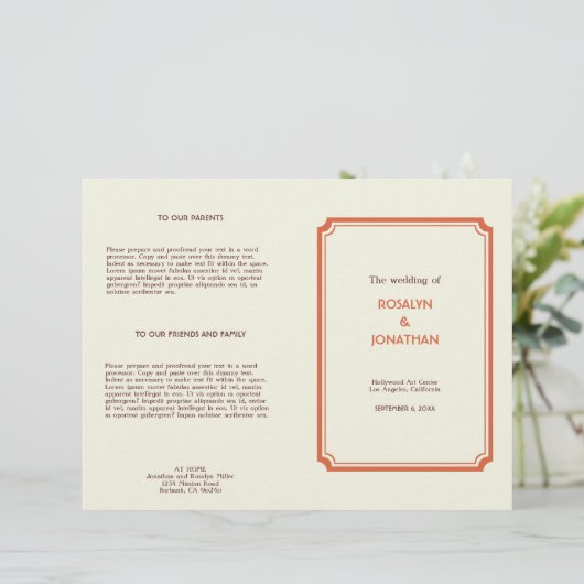 Kunstdeco retro oranje bruin trouwprogramma (Staand voorkant)