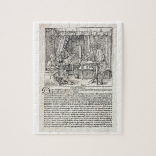 Kunstenaar die Durer's tekenmachine gebruikt om ee Legpuzzel