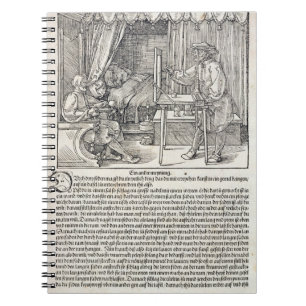 Kunstenaar die Durer's tekenmachine gebruikt om ee Notitieboek