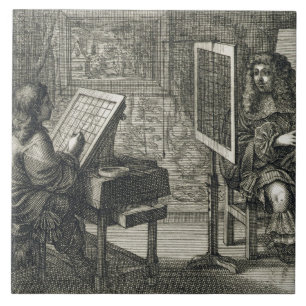 Kunstenaar die een portret over een net schildert  tegeltje