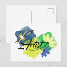 Kunstenaar. Tekening. Blauw en geel. Verfkwast en 