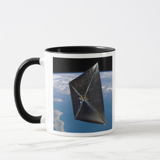 Kunstenconcept van NanoSail-D in de ruimte Mok (Links)