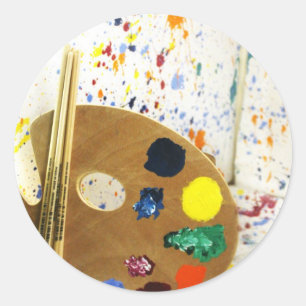 Kunstenschilders schilderplaat en palet verf ronde sticker