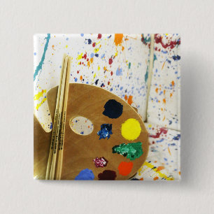 Kunstenschilders schilderplaat en palet verf vierkante button 5,1 cm