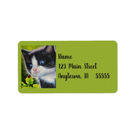 Kunstlabel Tuxedo Kitten en Ladybug Waterverf Etiket (Voorkant)