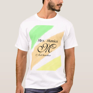 Kunstleraar geel groen waterverf strepen naam t-shirt
