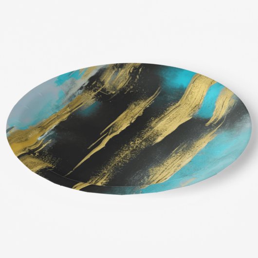 Kunstmatige Abstracte kunst in Turquoise, Gold en  Papieren Bordje (Gekanteld)