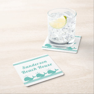 Kunstmatige Blauwgroen blauwe walvis en golven Bla Vierkante Kartonnen Onderzetter