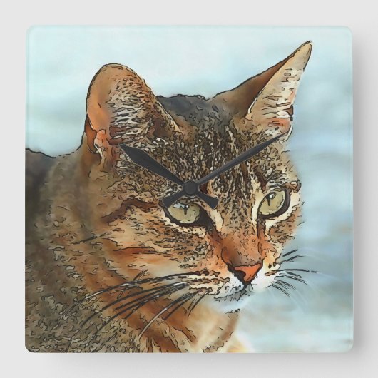 Kunstmatige Cartoon Stijl tabby Cat RB Vierkante Klok (Voorkant)