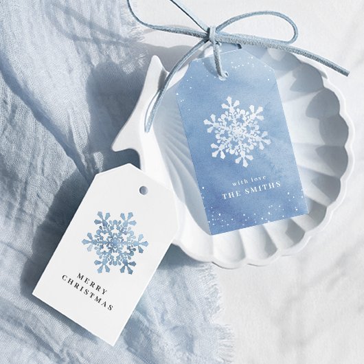 Kunstmatige Waterverf Snowflake blauw kerstfeest Cadeaulabel