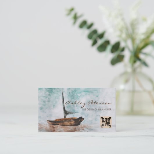 Kunstmatige zeilboot met zeebaars QR-code Visitekaartje (Staand voorkant)