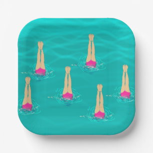 Kunstmatige zwemzwemmers onder water papieren bordje