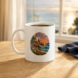 Kunstmok met vuurtoren aan de kust bij zonsonderga koffiemok