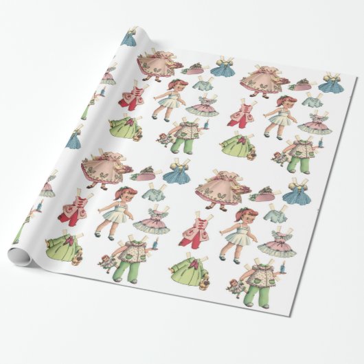 kunstpapierdollar. Cute paper cutout pop. Cadeaupapier (Uitgerold)