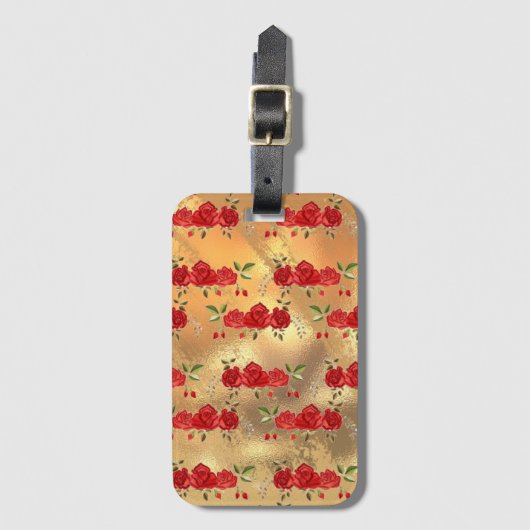 Kunstpatroon Chic Faux Gold Red Flowers Bagagelabel (Voorkant (verticaal))