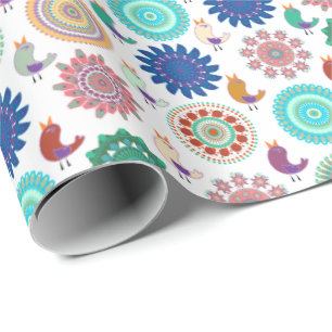 Kunstpatroon Zingende vogels en Mandala Folk Cadeaupapier