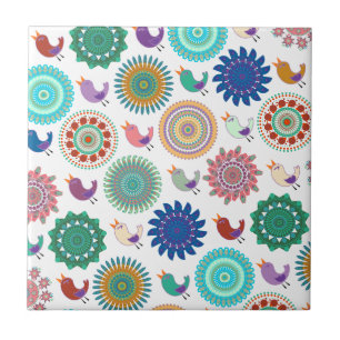 Kunstpatroon Zingende vogels en Mandala Folk Tegeltje