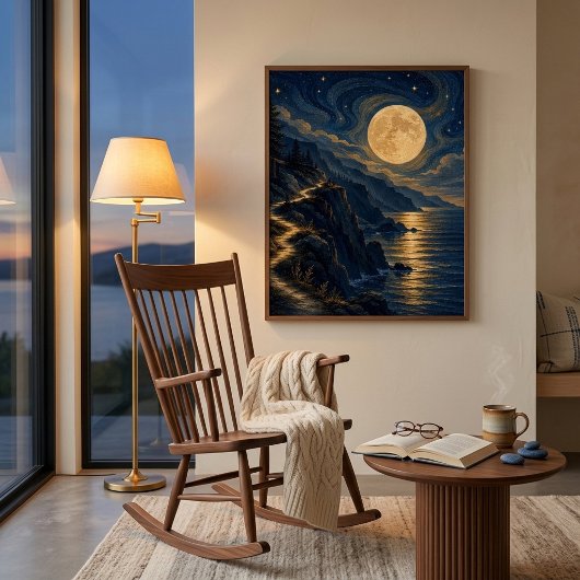 Kunstposter met maanverlicht kustpad poster