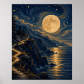 Kunstposter met maanverlicht kustpad poster (Voorkant)