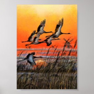 Kunstposter met vliegende vogels bij zonsondergang poster