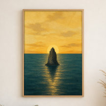 Kunstposter met waterverf van zee-stapel bij zonso