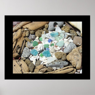 Kunstprenten met zeeschelpen Blauwe Groene Zeeglas Poster