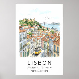 Kunstprint gele tram in Lissabon, betegelde strate Poster