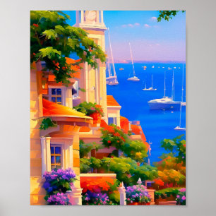 Kunstprint met bloemen en zeilboten in de baai van poster