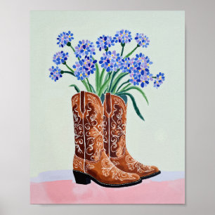 Kunstprint met cowboylaarzen en blauwe lupine poster