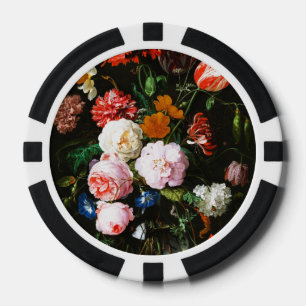 Kunstprint met donkere, humeurige bloemen en botan poker chips