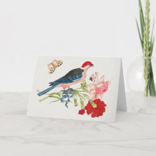 Kunstprint met vintage roze vogel vlinder bloemenm feestdagen kaart
