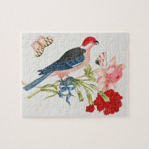 Kunstprint met vintage roze vogel vlinder bloemenm legpuzzel