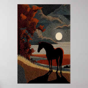 Kunstprint paard silhouet - Eenvoudige maneschijn Poster