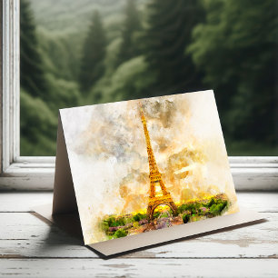 Kunstprint Paris Eiffeltoren Aquarel Zonsondergang Bedankkaart