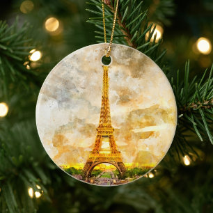 Kunstprint Paris Eiffeltoren Aquarel Zonsondergang Keramisch Ornament