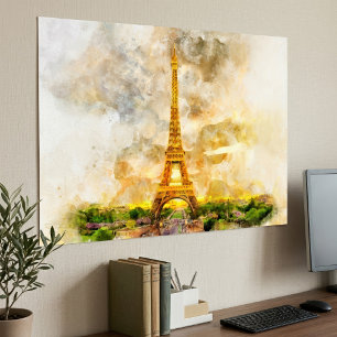 Kunstprint Paris Eiffeltoren Aquarel Zonsondergang Poster