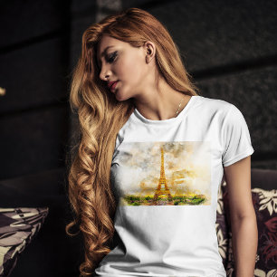 Kunstprint Paris Eiffeltoren Aquarel Zonsondergang T-shirt