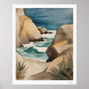 Kunstprint Rocky Cove-aquarel, Turquoise Poel Poster