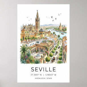 Kunstprint Sevilla Geïllustreerde Skyline met Poster