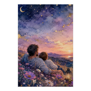 Kunstprint van vader en kind die naar de sterren k perfect poster