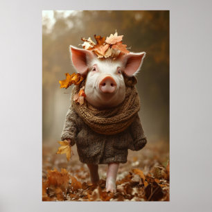 Kunstprint van varken in herfstkleuren, rustieke h poster