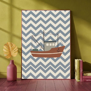 Kunstprint Visboot Chevron Blauwe Jongens Nursery Poster