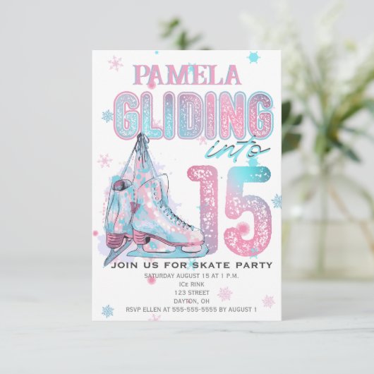 Kunstschaatsen 15e verjaardag Party uitnodiging (Staand voorkant)
