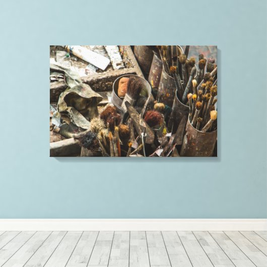 Kunstschilderpenselen en verf in oud Hoesje van ho Canvas Afdruk (Insitu (Houten vloer))