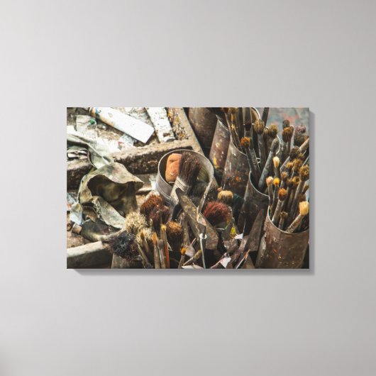 Kunstschilderpenselen en verf in oud Hoesje van ho Canvas Afdruk (Voorkant)