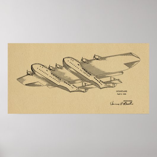 Kunsttekening 1939 Ocean Airplane Patent Poster (Voorkant)