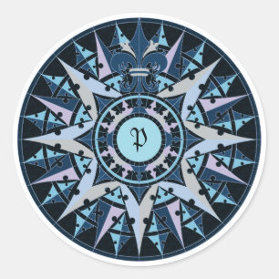 Kunsttekening, antiek kompas roos, monogram toevoe ronde sticker